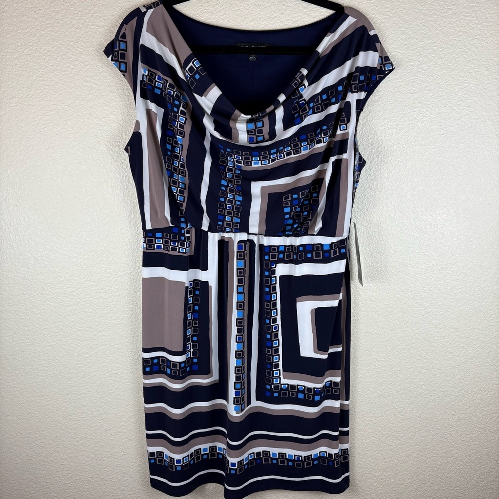 Jones New York Cap Sleeve Drape Neck Blouson Geometric Print Dress Size 12 NWT